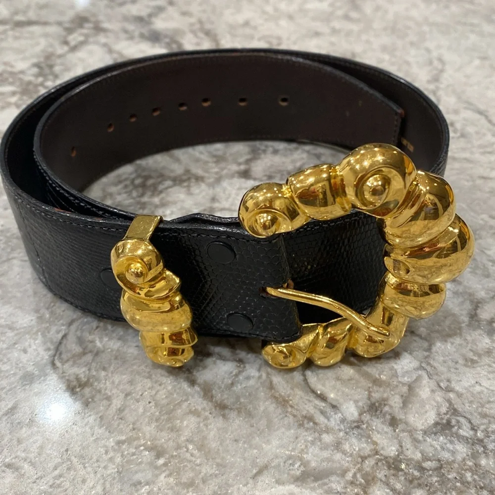Kleinberg Sherrill Genuine Exotic Leather Belt w/ Gold Bubbly Buckle Detail 1988